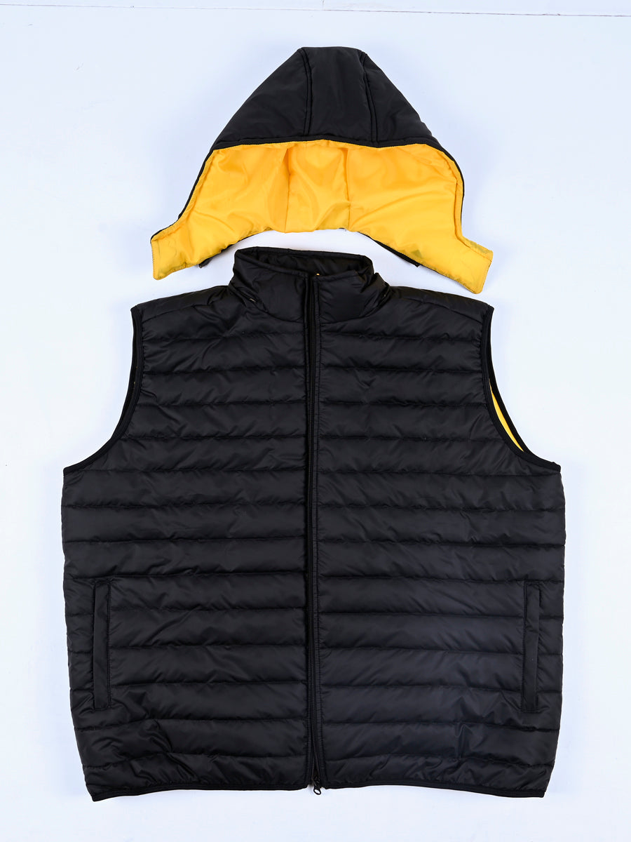 Black/Yellow Detachable Cap Sleeveless Puffer Gilet Jacket