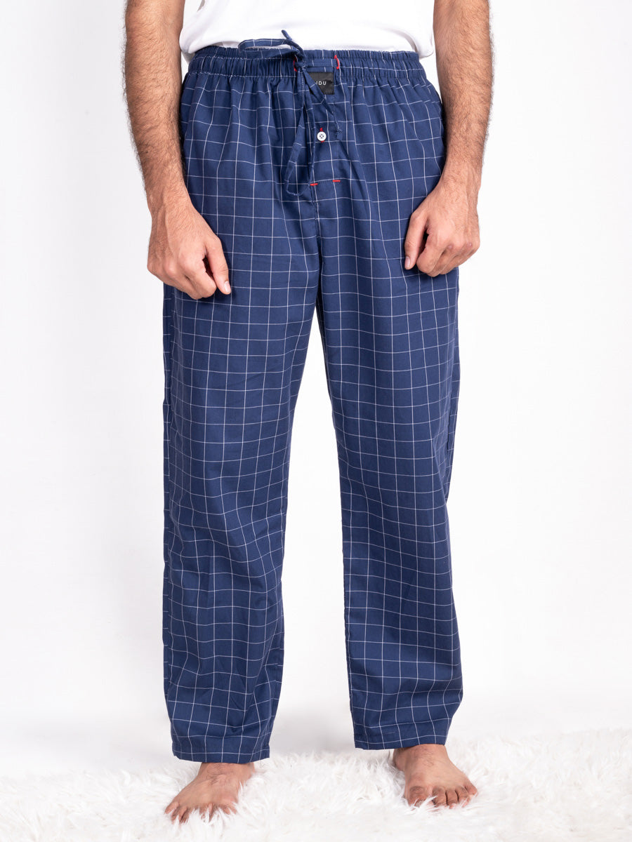 Men Soft Navy & White Plaid Cotton Sleep Pajama