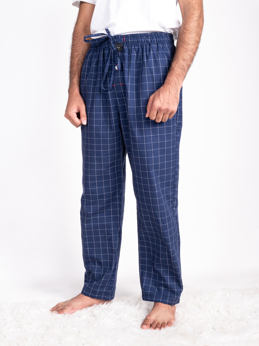 Men Soft Navy & White Plaid Cotton Sleep Pajama