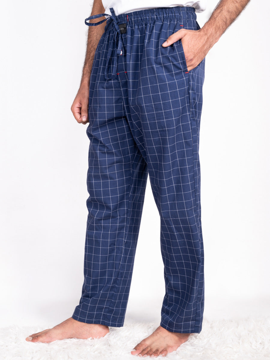 Men Soft Navy & White Plaid Cotton Sleep Pajama