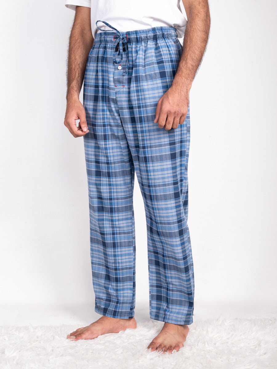 Men Two-Tone Blue Grid Pattern Cotton Pajama