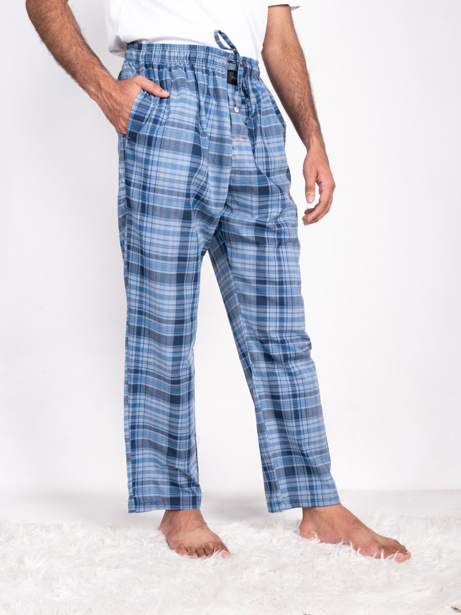 Men Two-Tone Blue Grid Pattern Cotton Pajama