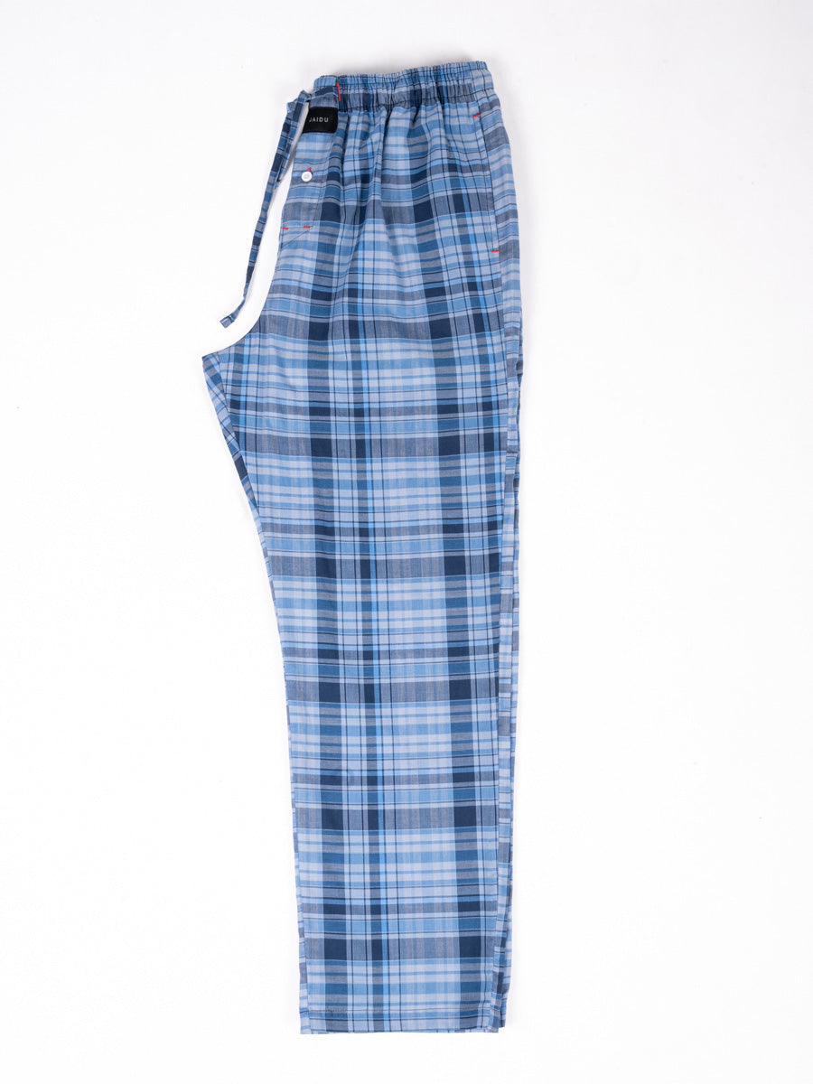 Men Two-Tone Blue Grid Pattern Cotton Pajama