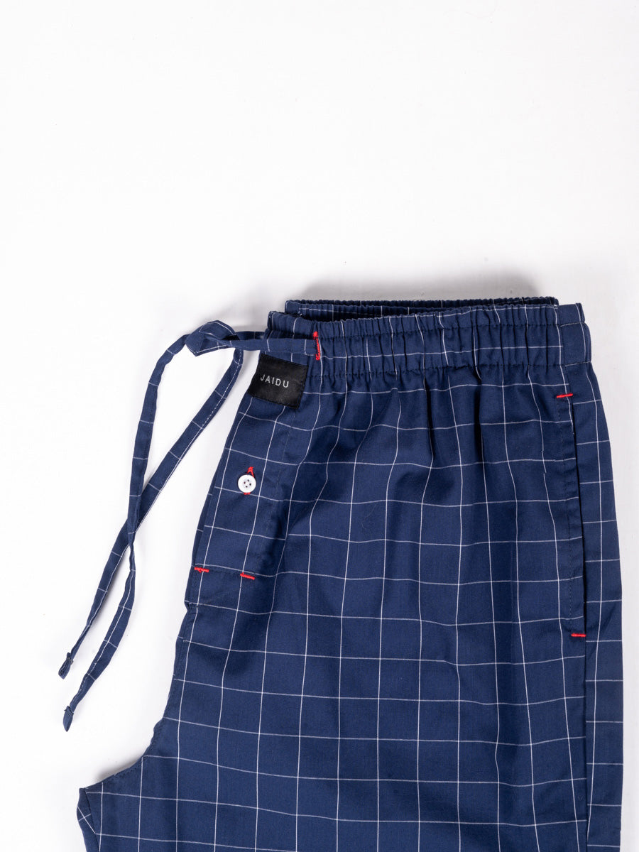 Men Soft Navy & White Plaid Cotton Sleep Pajama