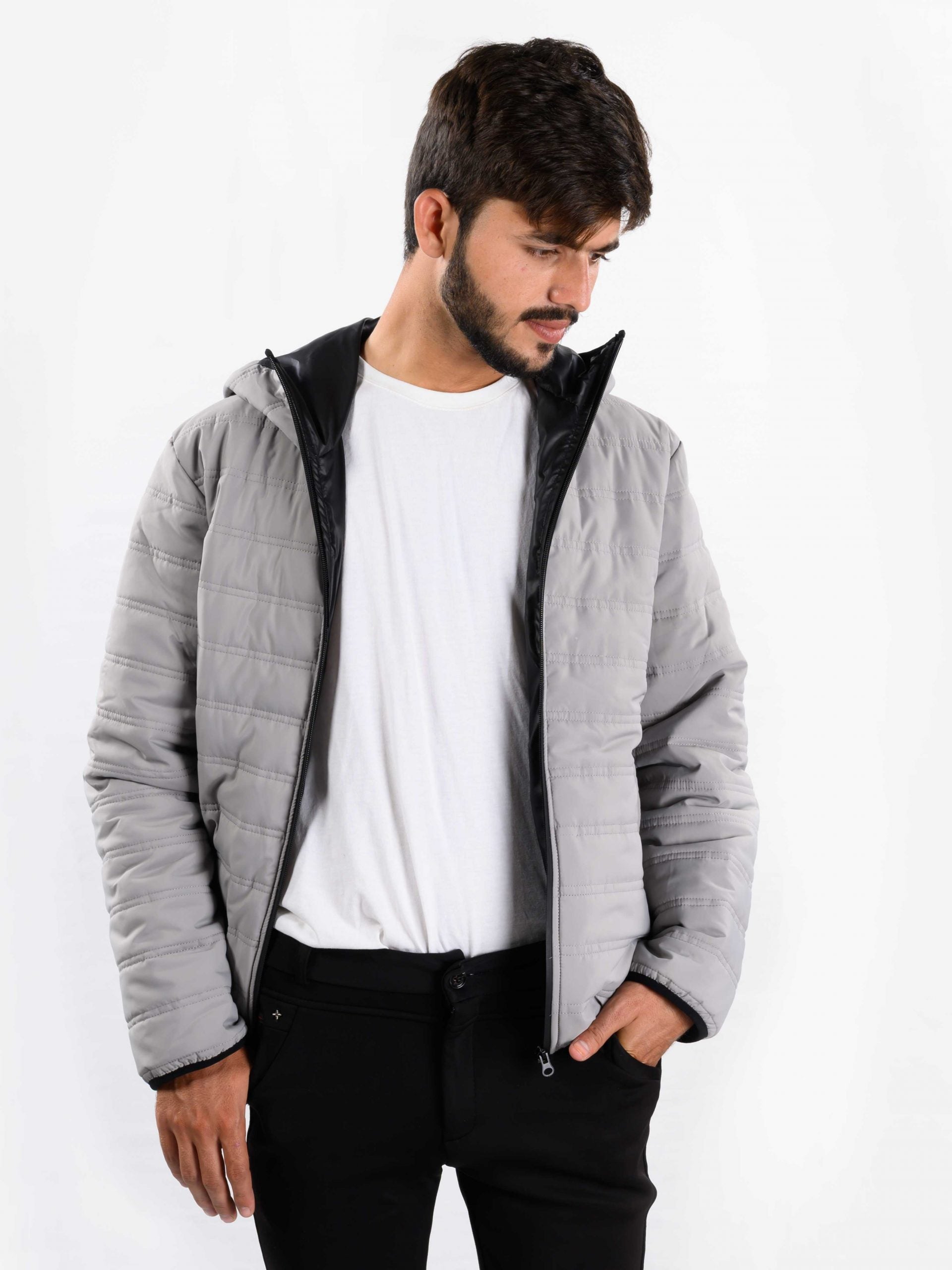 Men Grey/Black Hooded Puffer Jacket