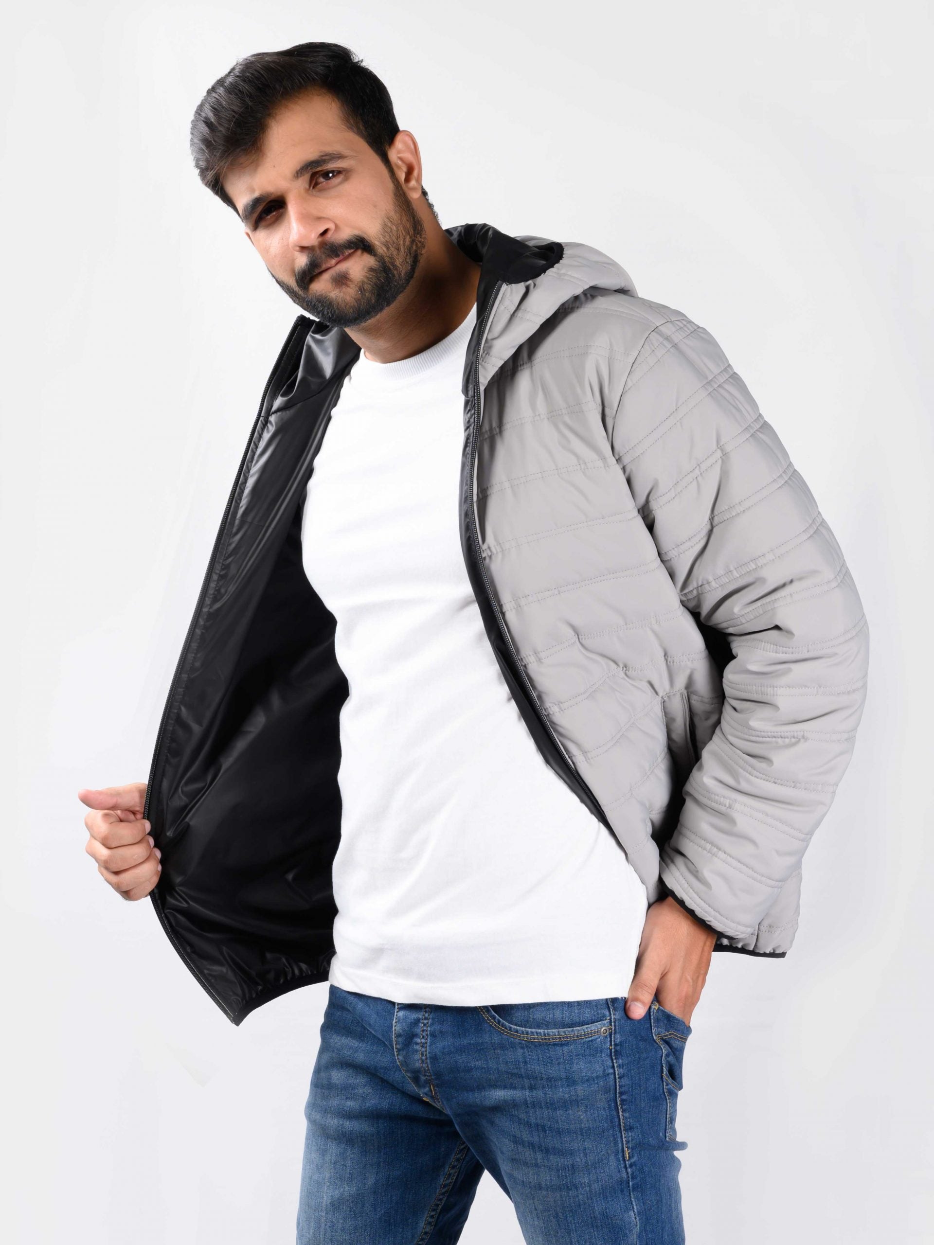 Men Grey/Black Hooded Puffer Jacket