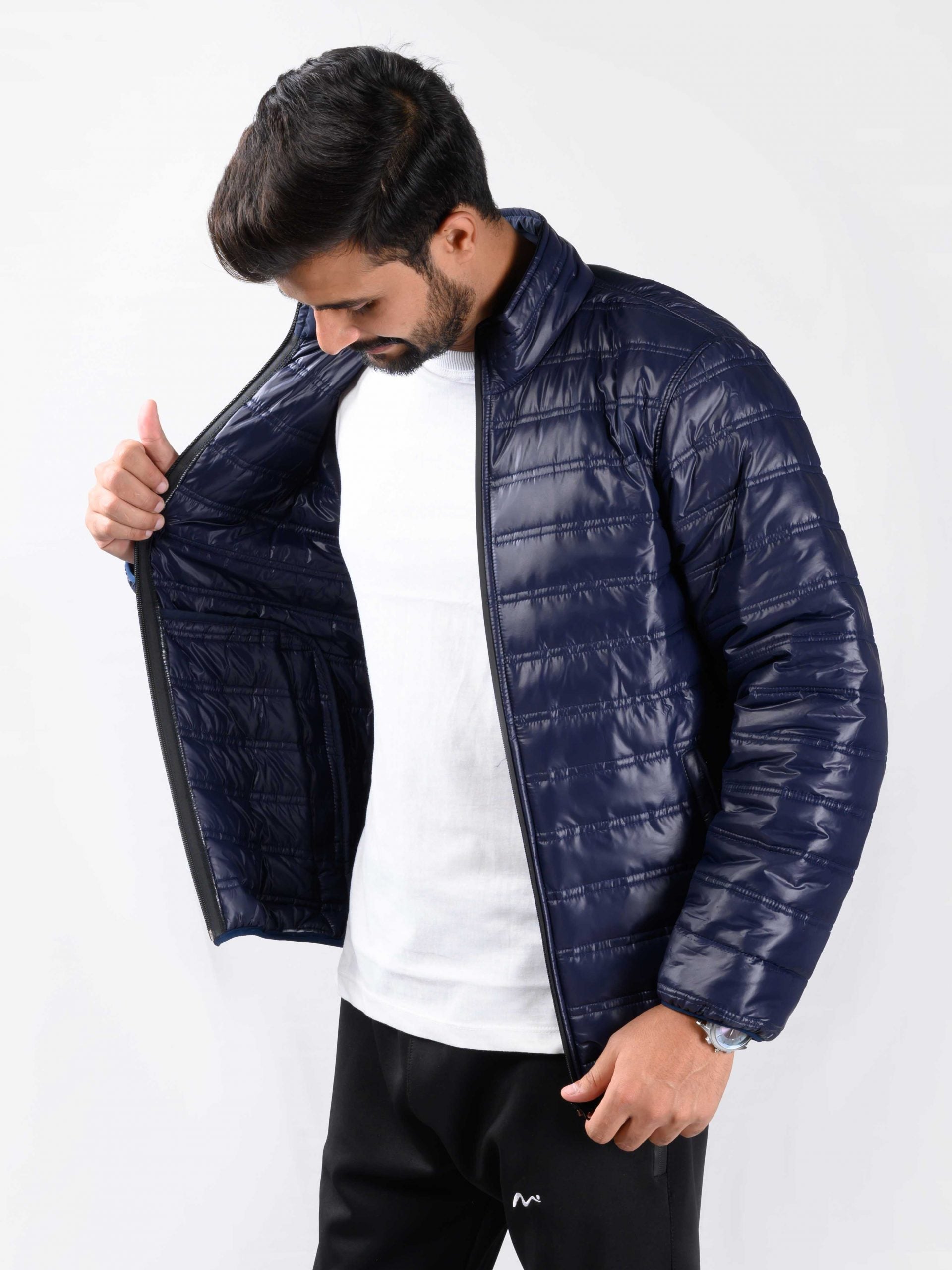 Men Navy Blue Quilted Puffer Jacket
